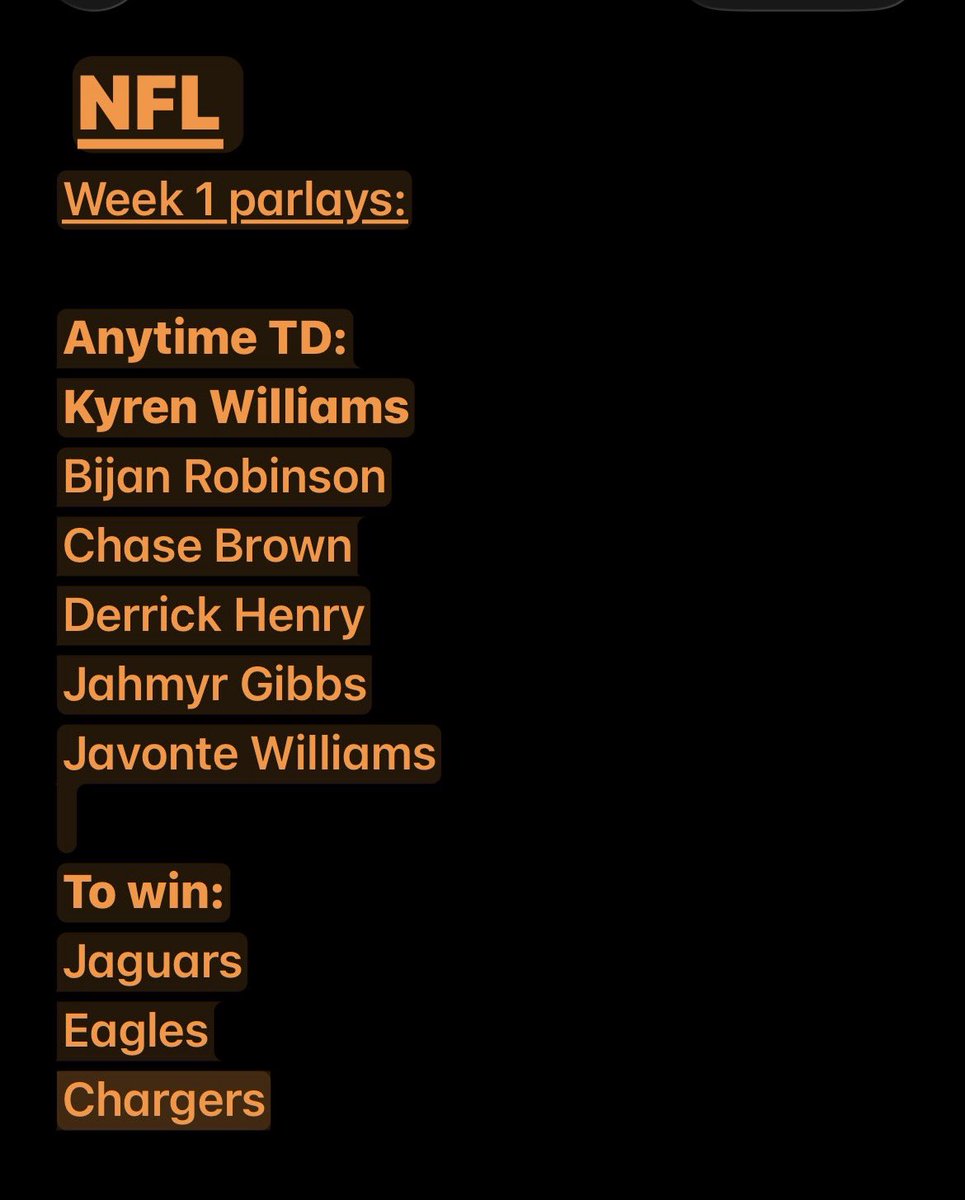 BackyardBets1's tweet photo. Week 1 is gonna be epic! 1 unit on the Anytime TD parlay and 2 units on the to win parlay. https://t.co/nCIsLZT2mI