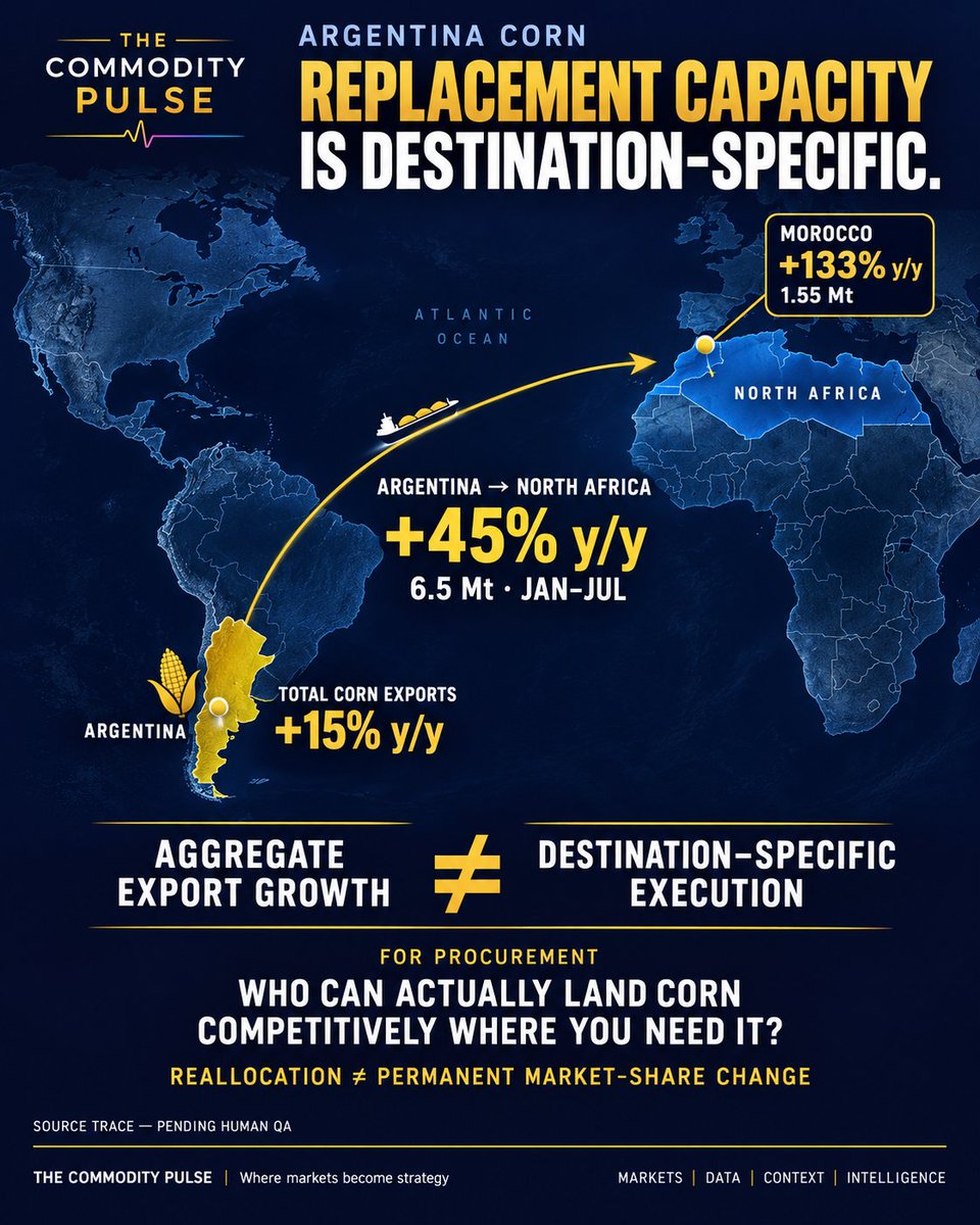 TCPMarkets's tweet photo. Argentina corn exports: +15% y/y.

Into North Africa: +45% / 6.5 Mt.

The gap matters. Replacement capacity depends on execution into a specific destination—not just national supply.

The Commodity Pulse
Where markets become strategy https://t.co/r3Rfb7EH6K