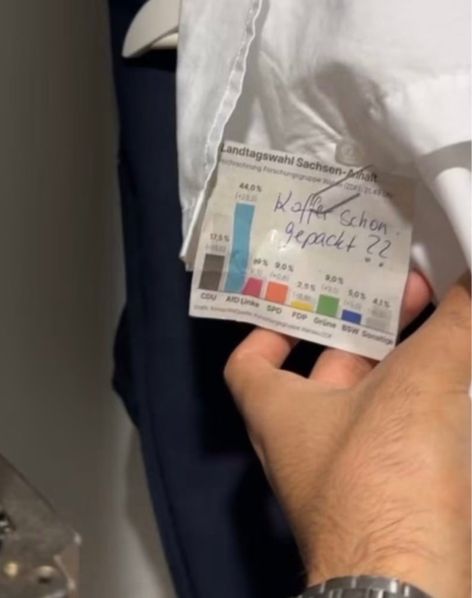 RashadAlhindi's tweet photo. Nach dem historischen Erfolg der FCKAFD ging ein Syrer in Nürnberg seiner Arbeit ganz normal nach, dort angekommen wollte er sich seine Arbeitsklamotten wie üblich vor Beginn der Schicht anziehen, doch er fand einen Zettel mit den Wahlergebnissen in Sachsen-Anhalt mit der Frage: "Koffer schon gepackt?".

Wir müssen uns demnächst auf viel mehr Rassismus einstellen!