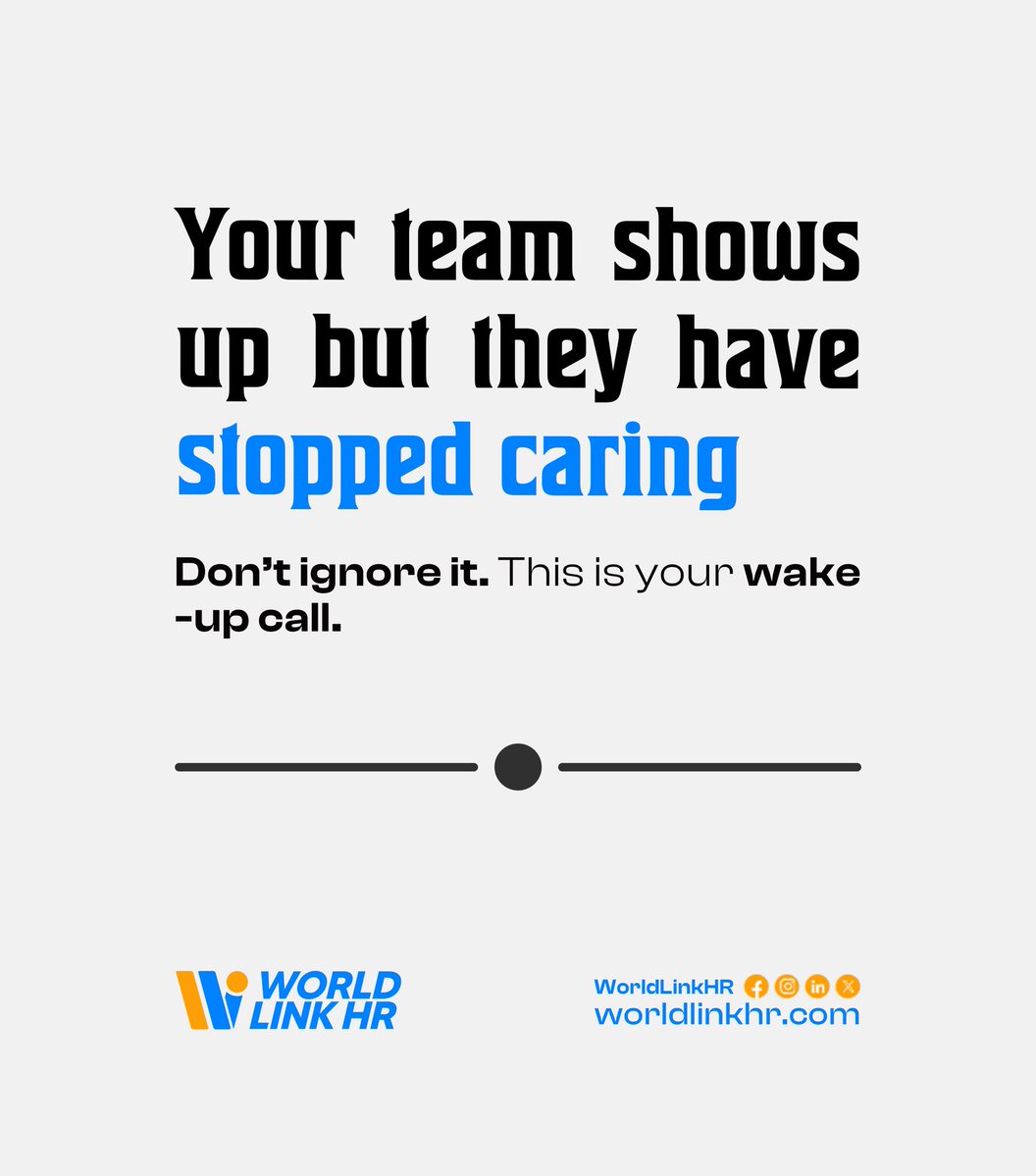 WorldlinkHR's tweet photo. Your team is showing up but are they still engaged? 👀

When passion, ideas, and energy start disappearing, it may be a sign of quiet quitting.

Don’t ignore the signs. Pay attention. Act early. Build a team that cares.

#WorldLinkHR #QuietQuitting #EmployeeEngagement https://t.co/z3uVWcRQWC
