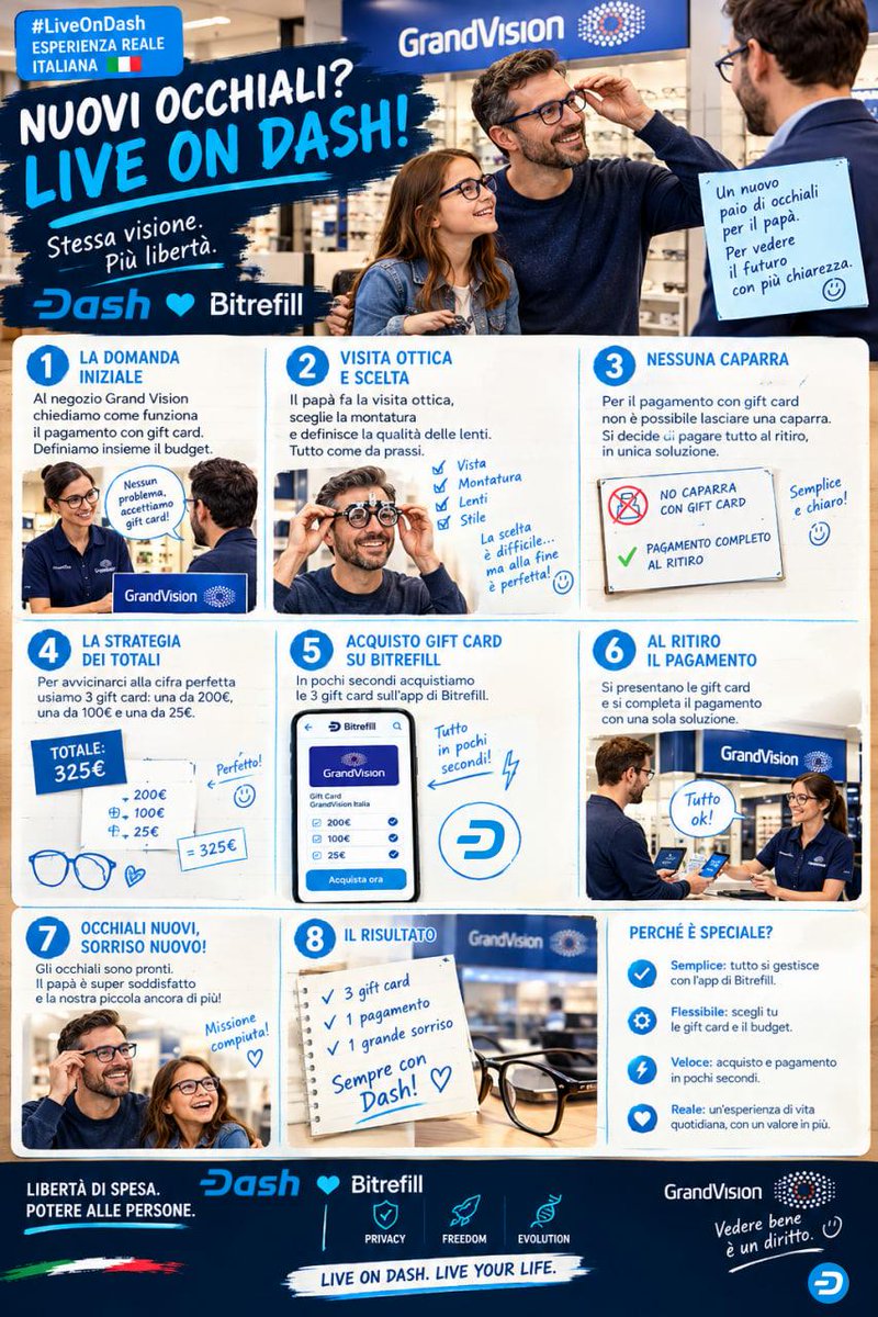 ItaliaDash's tweet photo. #LiveOnCrypto

👓 New glasses for dad.

Examination, frames, lenses: everything as usual at Grand Vision.

Then the bill: a solid €325 after a very brief negotiation 😇

The solution?
3 @bitrefill #GiftCards: €200 + €100 + €25.

Purchased in seconds with @Dashpay.
No deposit: full payment upon collection.

New #Glasses.
New smile.
Extremely satisfied. 😎

This is #LiveOnDash.

Real life. Everyday life.
And Dash simply doing its job.

#Cypherpunk #Dash #Privacy #LiveOnCrypto #DigitalCash #Web3 #BuiltToLast #Crypto #DAO #Privacy #Freedom #Trustless #Sovereignty #Fundamentals #Citiz3nGlitch #Evolution 🧬

Direct Link in first comment 😉👇
