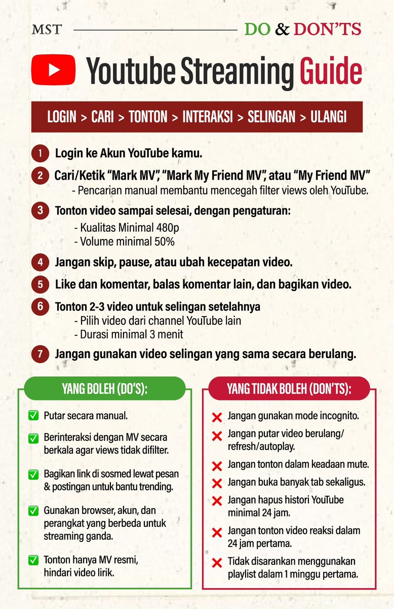 molosupportteam's tweet photo. [🎬] YOUTUBE STREAMING GUIDE

Mark’s Friends, please take a moment to check out the YouTube streaming do’s and don’ts below to help ensure your streams for MARK LEE’s ‘MY FRIEND’ MV are counted!

#MyFriend_MarkLee #MyFriend_Streaming