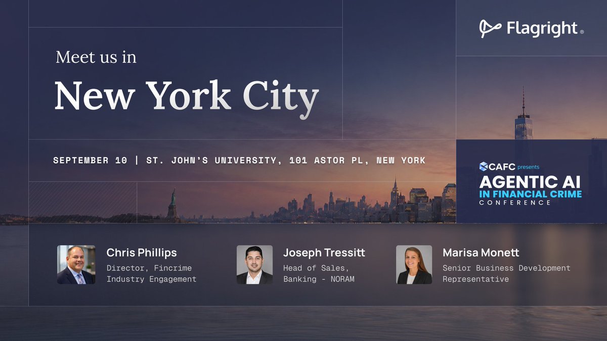 FlagrightHQ's tweet photo. 🚨 Financial crime doesn't wait and neither should your defenses.

Join us at the Agentic AI in Financial Crime Conference in New York on Sept 10 as compliance, risk, and technology leaders from Google, Meta, X, Capital One, Morgan Stanley, and more tackle the real questions: governance, model risk, explainability, and what it actually takes to move AI from pitch to production in the fight against financial crime.

👉 Swing by Flagright’s booth while you're there. Come say hi and see how we're the AI operating system for financial crime compliance.

#AgenticAI #FinancialCrime #AMLCompliance #FinTech