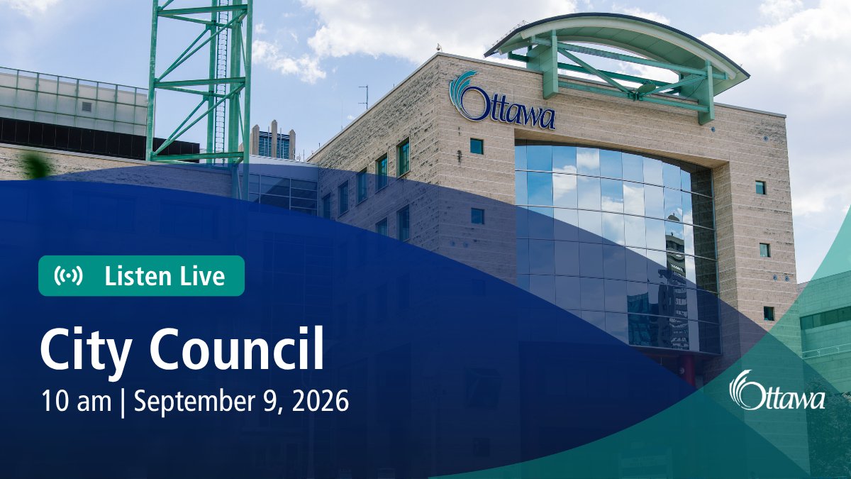 In the background photo: City of Ottawa Hall. Overlayed is a blue text circle with Listen Live on the top right corner.
In white text: "City Council, 10 am, September 9, 2026"