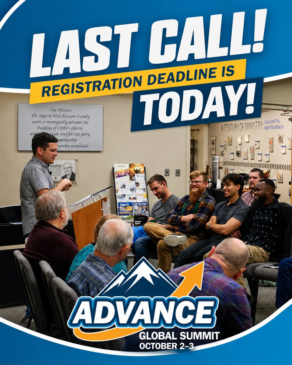 BapMid's tweet photo. 🚨 Last Chance! Registration deadline for AW:GS is TODAY! 🚨
October 2–3 | Cleveland, Ohio
Grab your spot now: https://t.co/d2BVtHQXH2
#AdvanceWeekend #GlobalSummit #BMM #SupportGlobalMissions #GoersandSenders https://t.co/jHVvt1oHTM