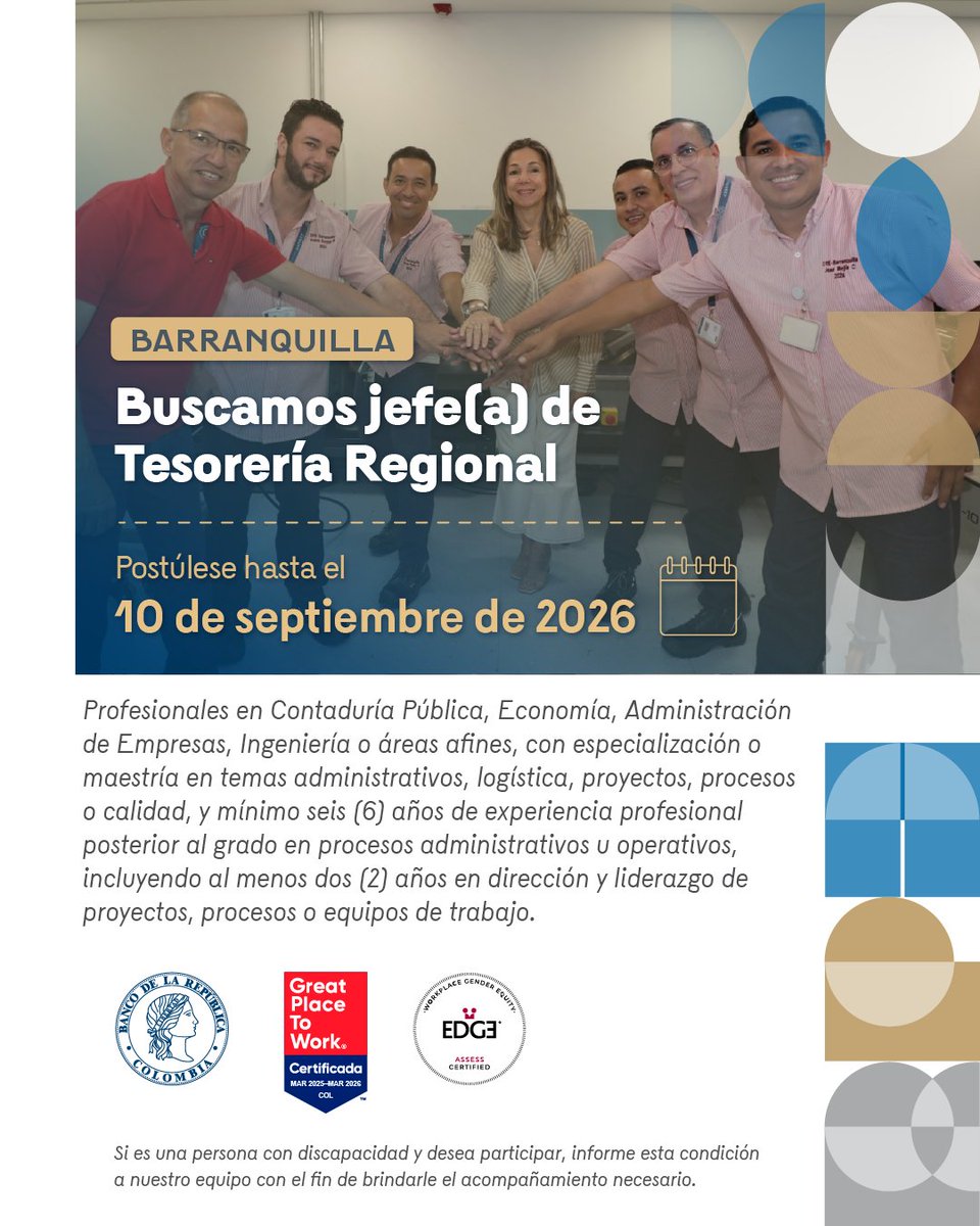 BancoRepublica's tweet photo. ¡Haga parte del #TalentoBanRep y deje huella en Colombia!
Buscamos jefe(a) de Tesorería Regional en Barranquilla. Postúlese hasta el 10 de septiembre de 2026, consulte más información 👉 https://t.co/hlBqRtlEvV
Importante: Las ofertas de empleo del Banco de la República son completamente gratuitas y no se requiere de intermediarios para acceder o participar en las mismas.