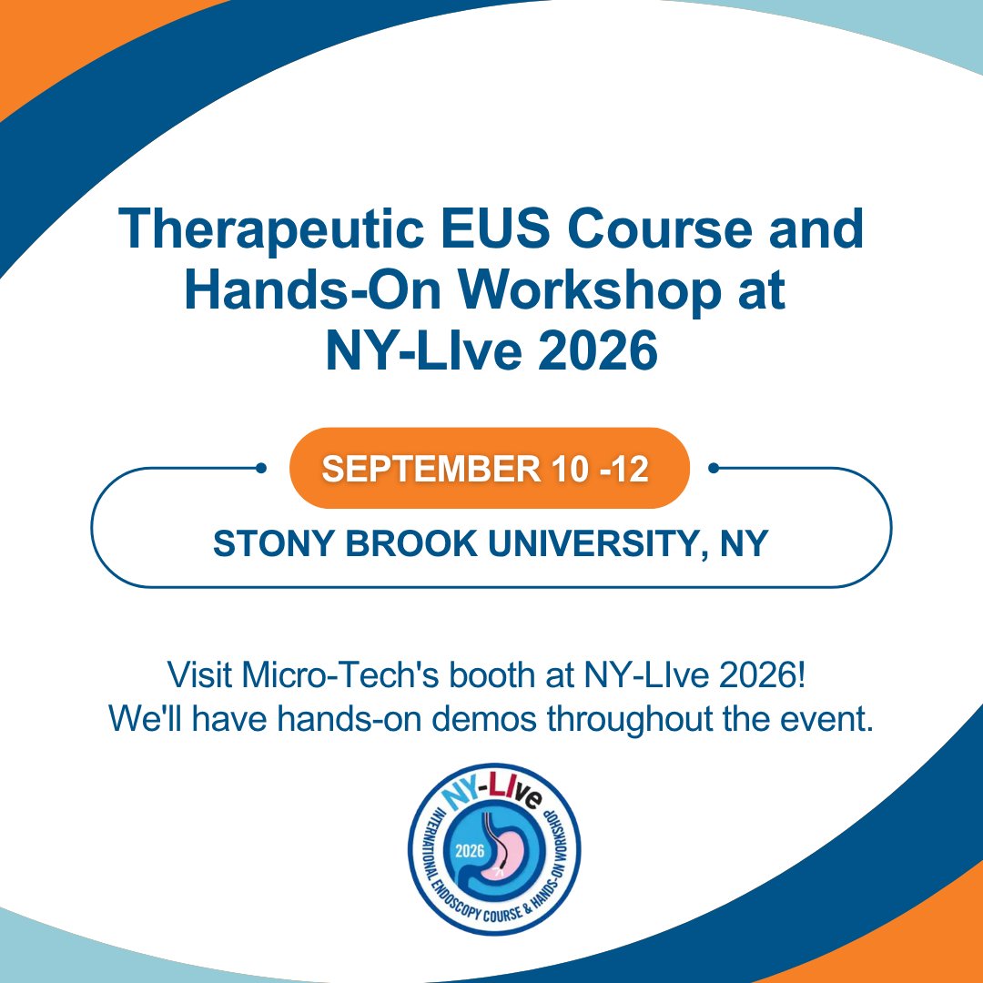 MicroTechEndo's tweet photo. NY-LIve 2026 kicks off tomorrow! We're excited to sponsor the Therapeutic EUS Course and Hands-On Workshop, September 10–12 at Stony Brook University.

The course brings together leading faculty for hands-on training and live case demonstrations in interventional EUS. Our team will be on-site for the hands-on workshop, showing our EUS needles and supporting live demonstrations.

We look forward to connecting with attendees and supporting another outstanding educational program.

Learn more: https://t.co/Q8M6E3g1Oi

#MicroTechEndoscopy #NYLIve