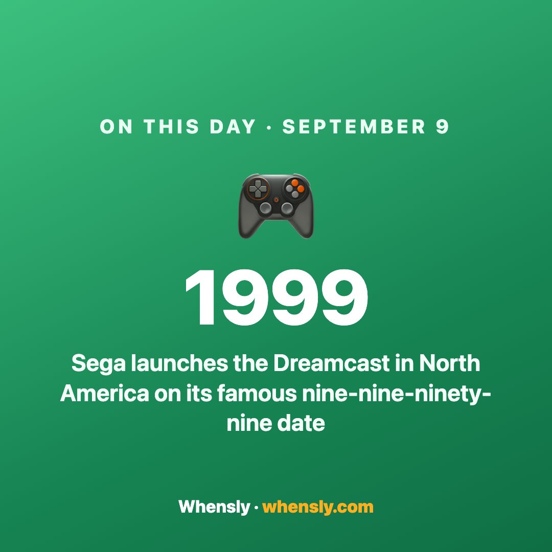 playwhensly's tweet photo. 📅 On this day in 1999: Sega launches the Dreamcast in North America on its famous nine-nine-ninety-nine date.

Think you could place it on the timeline? New daily puzzle 👉 https://t.co/G6NtiXNbxp
#OnThisDay #tech https://t.co/LYSfq3nTx8
