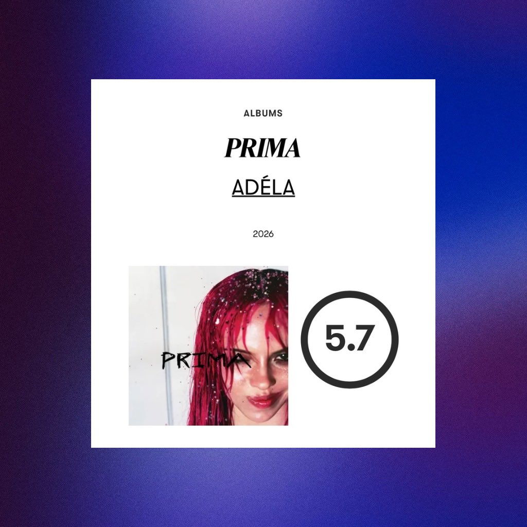 PopBase's tweet photo. Pitchfork gives ‘PRIMA’ by ADÉLA a score of 5.7/10. https://t.co/RsctoKRfWu