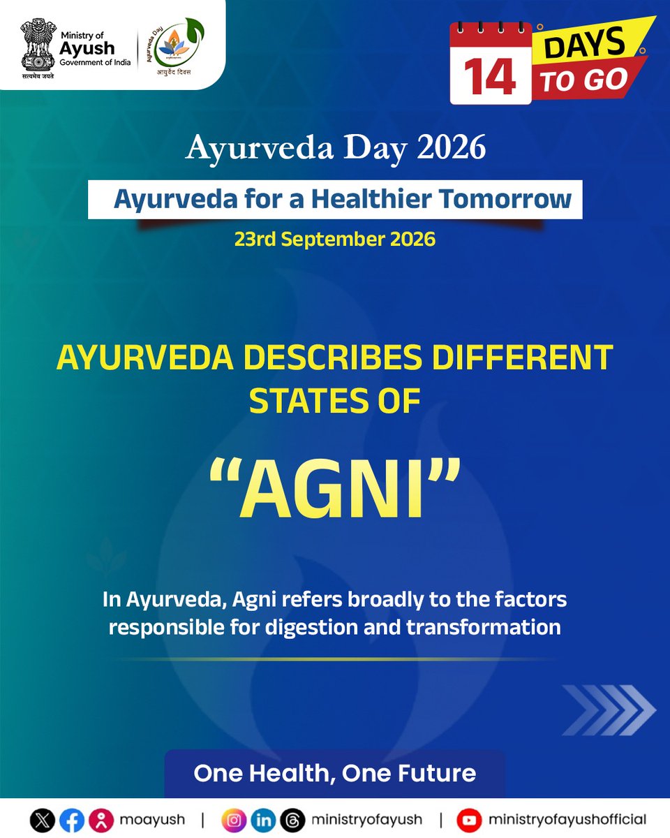 moayush's tweet photo. In Ayurveda, "Agni" broadly refers to the factors responsible for digestion and transformation. 

Ayurveda describes different states of Agni to represent variations in digestive function. Samagni refers to balanced digestive function, while Mandagni denotes diminished digestive capacity. Tikshnagni describes very strong digestive capacity, and Vishamagni refers to irregular or variable digestive function. Together, these descriptions form an important part of the Ayurvedic framework for understanding digestion and its different patterns.

#AyurvedaForAHealthierTomorrow #OneHealthOneFuture #AyurvedaDay2026 #MinistryOfAyush #AyurvedaAgni 

@PMOIndia |@narendramodi | @mpprataprao | @secymoayush |@CCRAS_MoAyush|@AIIA_NDelhi |@NIAJaipur |@ItraJamnagar |@PIBIndia
|@PIBAYUSH|@DDNewslive |@sansad_tv | @AIRNewsHindi I @mygovindia |