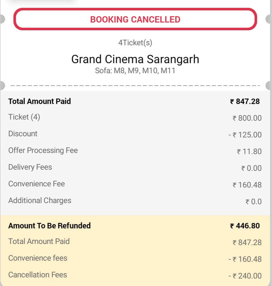 ashish_agrwal's tweet photo. @bookmyshow_sup @bookmyshow Paid 847/- but refund showing only 447/- https://t.co/40NnatJfiM