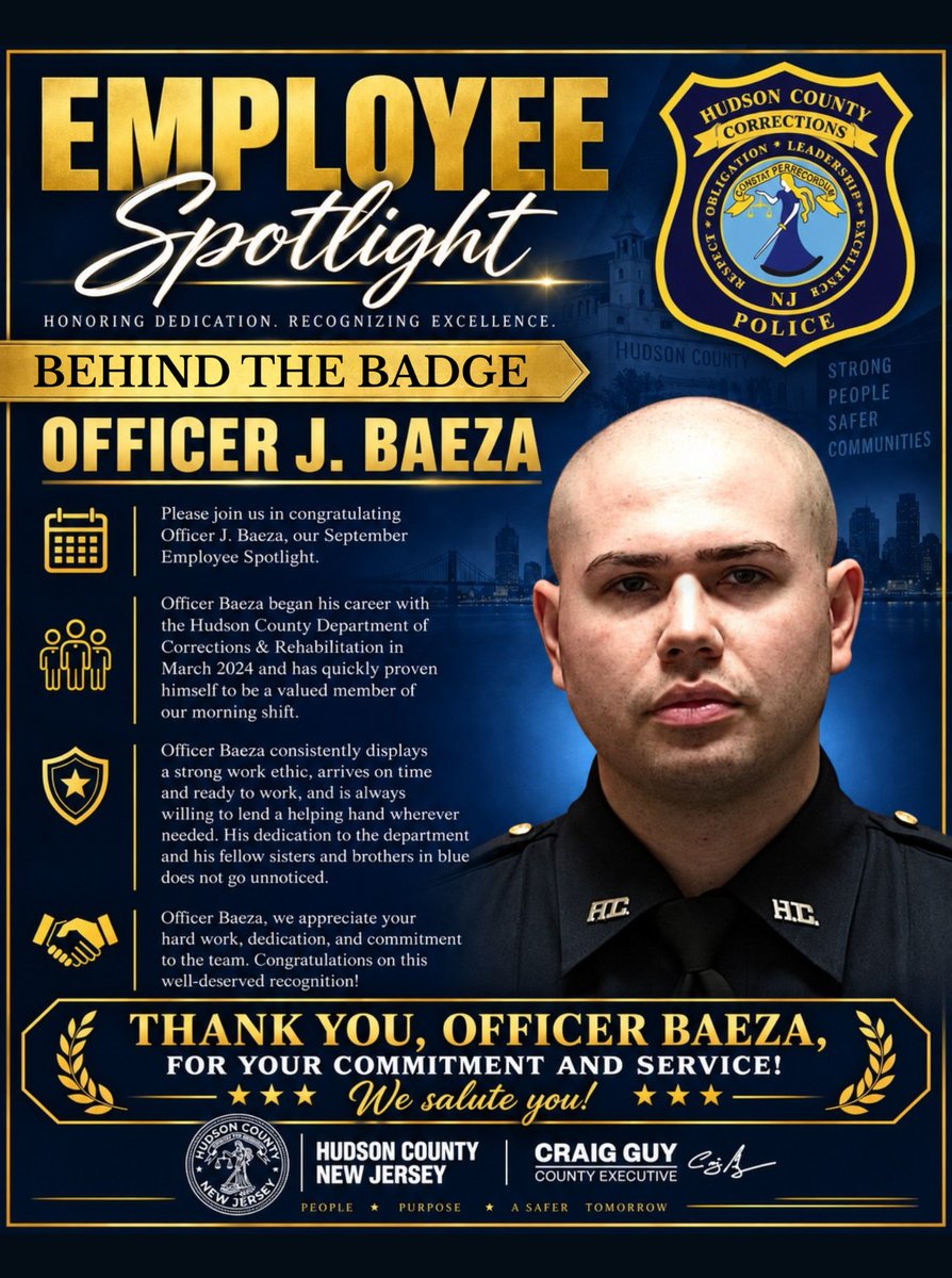 HCNJCorrections's tweet photo. 🎉👏🏾 SEPTEMBER EMPLOYEE OF THE MONTH 👏🏾🎉
Please join us in congratulating Officer J. Baeza, our September Employee Spotlight 🏆💙
Officer Baeza began his career with the Hudson County Department of Corrections & Rehabilitation in March 2024 and has quickly proven himself to be a valued member of our morning shift.
Officer Baeza consistently displays a strong work ethic, arrives on time and ready to work, and is always willing to lend a helping hand wherever needed. His dedication to the department and his fellow sisters and brothers in blue does not go unnoticed.
Officer Baeza, we appreciate your hard work, dedication, and commitment to the team. Congratulations on this well-deserved recognition! 👏🏾👏🏾💙🖤