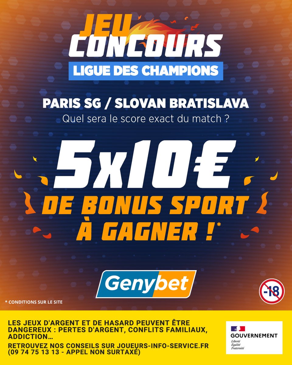 Genybet_Sport's tweet photo. 🚨 𝑱𝑬𝑼-𝑪𝑶𝑵𝑪𝑶𝑼𝑹𝑺
5 x 10 € de Bonus sport à gagner 💸

Paris SG / Slovan Bratislava : Quel sera le score exact du match ?

➡️ RT + Like + Follow @Genybet_Sport
➡️ Réponse en commentaire AVEC pseudo

🔚 09/09 à 20h59
🗳️ 11/09 https://t.co/CaxeTeGGna