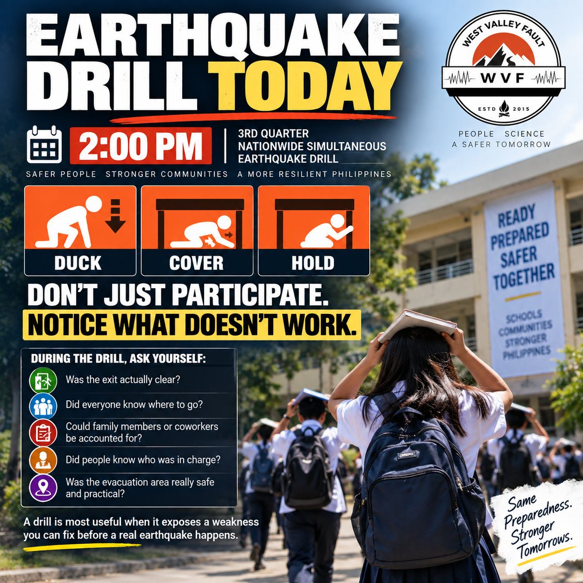 WestFault's tweet photo. The 3rd Quarter Nationwide Simultaneous Earthquake Drill is set for Sept. 10 at 2:00 PM.

Don’t just participate. Use the drill to spot what fails: blocked exits, unclear roles, poor communication, unsafe evacuation areas.

#NSED2026 #EarthquakePreparedness https://t.co/HDHtLCXu8b