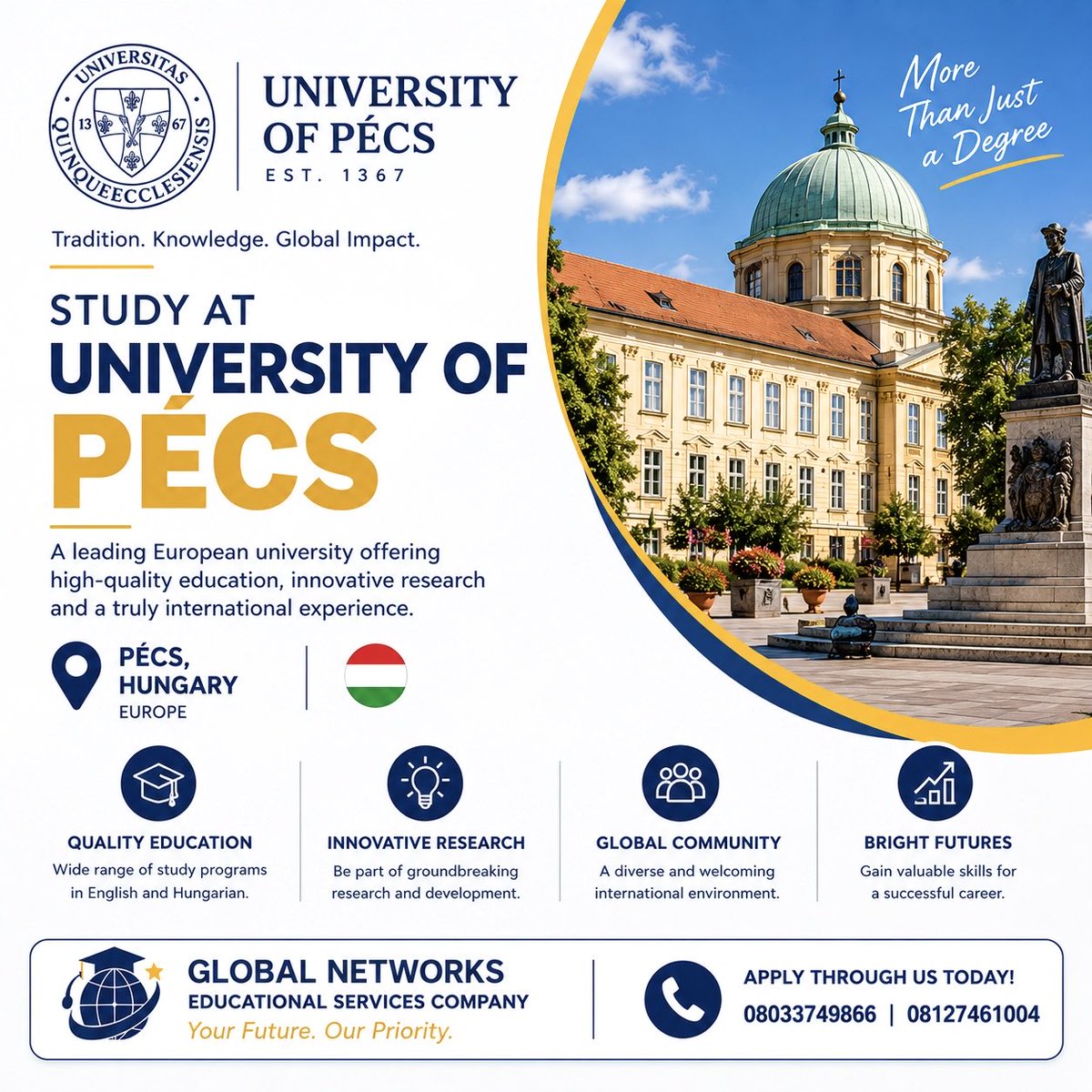 NetworksCompany's tweet photo. 🇭🇺🎓 Study at the University of Pécs!
Take the next step toward an exciting international education experience at one of Hungary’s leading universities. 🌍✨
📍 Pécs, Hungary
✨ Quality Education https://t.co/xrQBBwrT4n