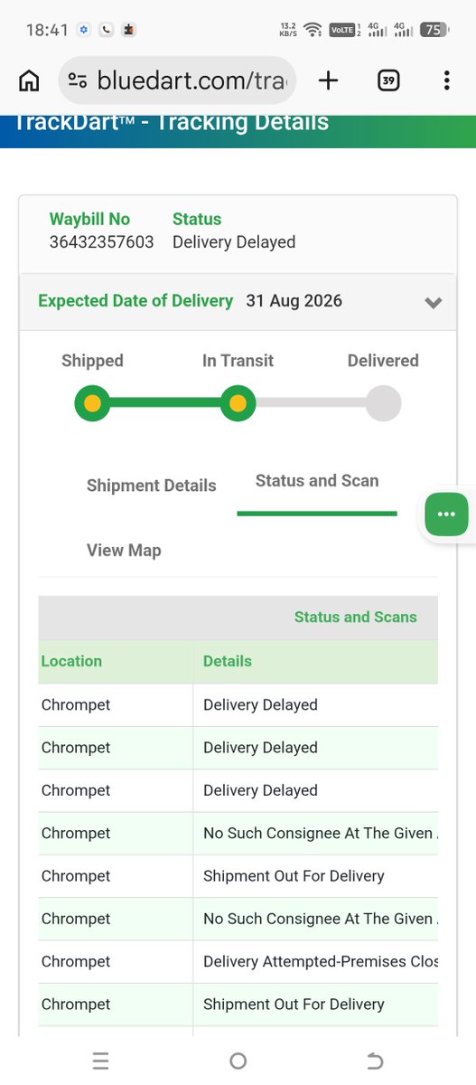 janudhie's tweet photo. @BlueDartCares @suchitrak @BlueDartCares  @BlueDart_ 
I am literally facing the same issue right now

AWB no-36432357603 

Since August 29th
The delivery guy is neither calling not delivering the item he is simply marking it "No Such Consignee At The Given adress"
And sending it back to the bank, https://t.co/f611Smgeru