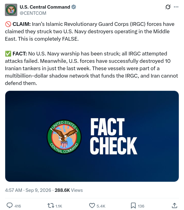 sentdefender's tweet photo. U.S. Central Command (CENTCOM) has issued a “Fact Check” rejecting Iranian claims that two U.S. Navy destroyers operating in the Middle East were struck by Iranian weapons.

CENTCOM says all Iranian attacks against U.S. Navy warships have failed. The command also says U.S. forces have destroyed 10 Iranian crude oil tankers since September 5, including five struck on September 8.

CENTCOM has released video of the tanker strikes. Based on the footage released so far, two vessels appear to have been completely destroyed or sunk, while several others appear to have been disabled through strikes against critical areas of the ships, including their propulsion or steering systems.