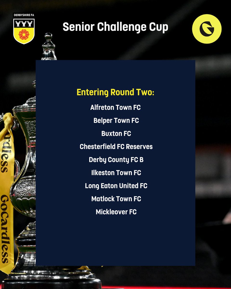 DerbyshireFA's tweet photo. 🏆 The @GoCardless Senior Challenge Cup is back!

The 2026/27 Senior Challenge Cup Round One draw has been confirmed, with six ties kicking off this season’s competition.

Nine clubs will enter the competition in Round Two.

📅 Round One ties to be played w/c 5th October. https://t.co/lvkfLK1kzk