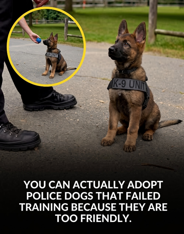 Rainmaker1973's tweet photo. You can adopt police dogs that flunked training for being too friendly. 

Instead of sending them to shelters, agencies like the TSA, Department of Defense, and various police departments have their own adoption programs, giving these lovable “dropouts” a second chance as family pets.

Police dogs require high focus and a strong protective drive, but some trainees prefer playing and greeting strangers instead. When these friendly dogs fail their specialized programs, certain police forces offer them for public adoption. These intelligent animals have basic obedience training and make excellent family pets for experienced owners.