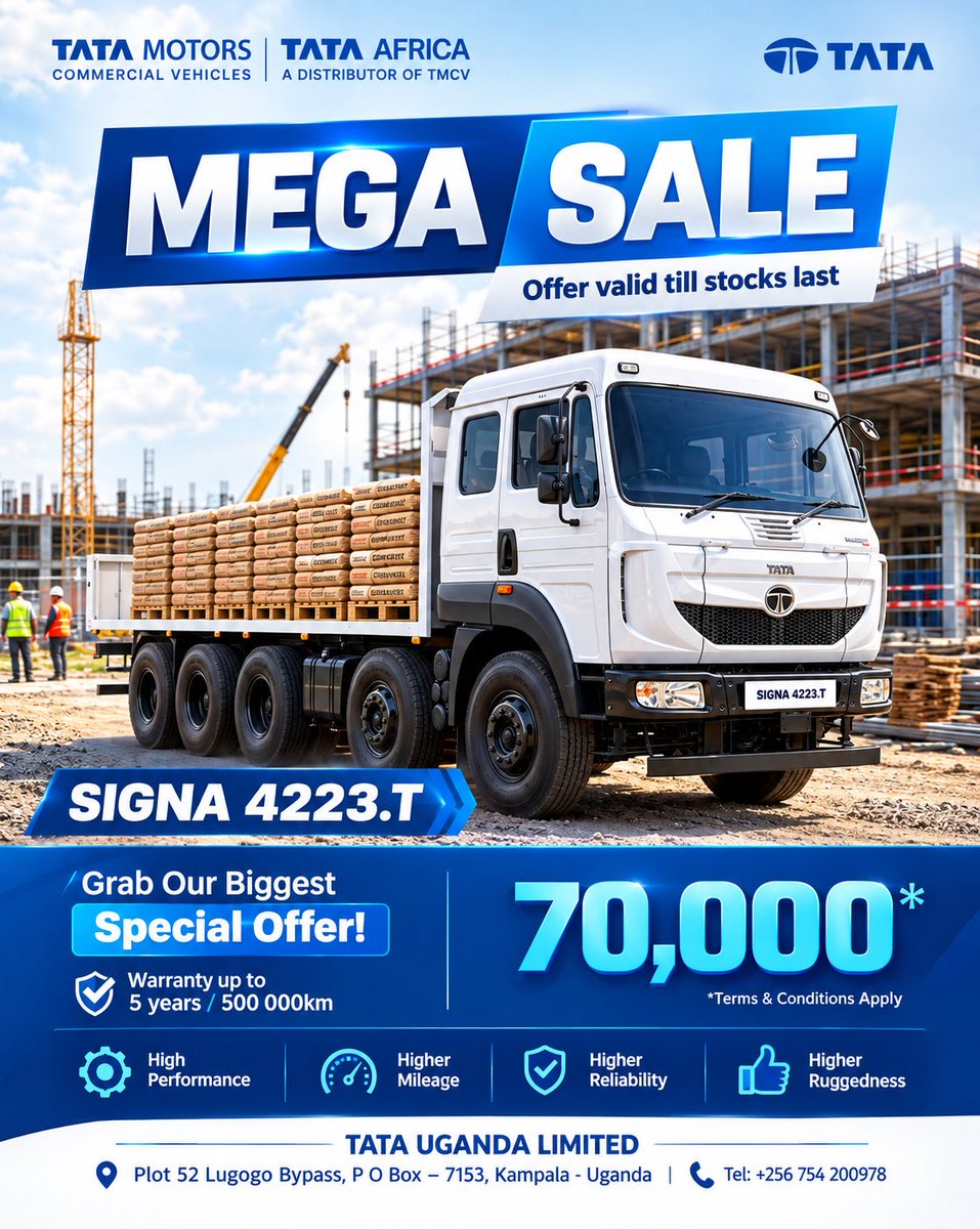 Tataafricaug's tweet photo. Get the TATA SIGNA 4223.T at a SPECIAL OFFER of just $70,000*! Built for performance, durability and reliability, the Signa 4223.T delivers:

🛡️ Warranty: Up to 5 Years / 500,000 KM
 ☎️ Toll Free: 0800 393393 📞 +256 754 200978
#TataMotors #TataUganda #TataTrucks #Signa4223T https://t.co/kDfLG85Mxv
