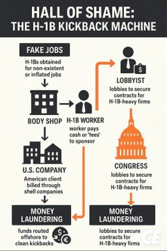 ChiefEngineerCE's tweet photo. They Dont Work For You

The H-1B system is not a talent program. It is a kickback machine with a lobbying department.

Fake jobs get filed so visas can be reserved first. Workers get benched and charged to stay “employed.” Interviews get run by one person and the seat gets filled by another. Five to seven vendors sit between the client and the person doing the work. The client pays consulting rates. The worker gets labor-arbitrage wages. 

The middle eats the rest.

OPT keeps the conveyor moving when the cap gets tight. Universities sell the seat. Staffing firms sell the placements. Taxpayers fund the public-sector IT contracts that get flipped to the same networks.

Again...we fund every bit of it and our politicians eat at the same table as the pigs who take our money to replace us.

ITServe Alliance is the political arm. Thousands of staffing firms. Hill days 300 politicians lined up for lobbyist checks. PAC checks. Lawsuits against itinerary rules and wage hikes. The Chamber and Big Tech run the same play at a larger scale. 

Every time a bill would actually cut numbers, those offices show up. Crane and Sheehy can introduce a pause. Cruz and Britt can introduce mandatory E-Verify. The money that passed was enforcement funding. 

The cuts to the pipeline are still paper. Sold to us as reasons to vote for them when they have no intention of actually voting on it, much less passing it.

Don't believe the story that this is gridlock. This is the product working as designed.

We have seen congress get together at a seconds notice to vote for bills they profit from while sitting 35 years on bills that could help us and our children get jobs next week. 

They Dont Work For You.

If your shop was emptied by a vendor stack, drop the pattern not the novel. Like share and bookmark this. Follow for more.

This entire post was researched and substantiated through the testimony of those involved and from the politicians themselve.