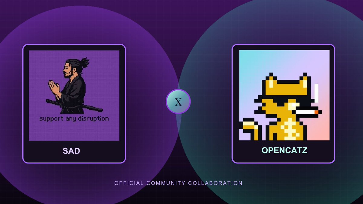 SADisruption's tweet photo. Proud to announce SAD official collaboration with @itsdizcorvus for OpenCatz.

A collection of 5,000 unique pixel cats, 100% on-chain SVG art (no IPFS, no third-party servers), launching on Robinhood Chain. 

> Supply: 5000 
> Date: September 2026 
> Price : TBA

SAD members will get access to GTD + FCFS whitelist allocation. Details on how to secure your spot coming soon.