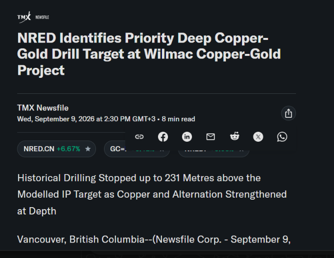 TradePulse2's tweet photo. BREAKING: NRED JUST DEFINED A PRIORITY DEEP COPPER-GOLD DRILL TARGET AT WILMAC.

The key detail: historical drilling may simply have stopped too early.

$NRED says the 2014 holes ended 107 to 231 metres above the strongest modeled IP chargeability peaks, which sit roughly 300 to 450 metres deep. At Eagle, hole WS14-004 stopped at only ~133m, while copper, alteration and the geophysical response strengthened toward depth.

Now NRED is proposing to deepen that hole by about 250 metres and test the target directly. Historical re-sampling also identified 26.83m averaging 381 ppm Cu, including 3.13m at 1,084 ppm Cu.

Nothing is proven until drilling tests it, but this gives NRED a very clear next catalyst:

They know where the deeper target is. Now they need to drill it

https://t.co/dWlH4Pavfq