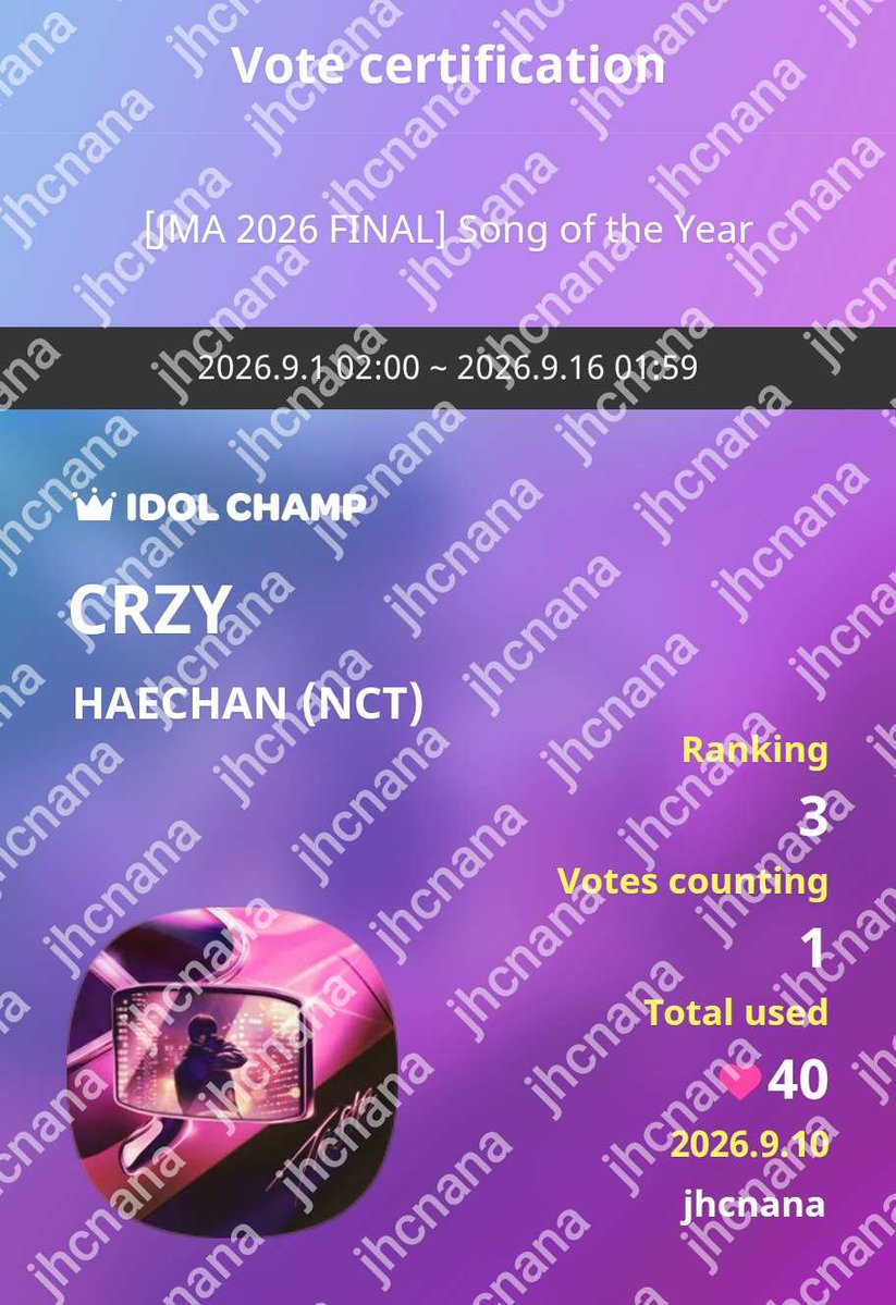 Jhc_thy's tweet photo. IDOLCHAMP 아이돌챔프
CRZY HAECHAN (NCT) 투표 완료🗳️
https://t.co/BFTMRIEHpG https://t.co/F6aQAyQ7LF