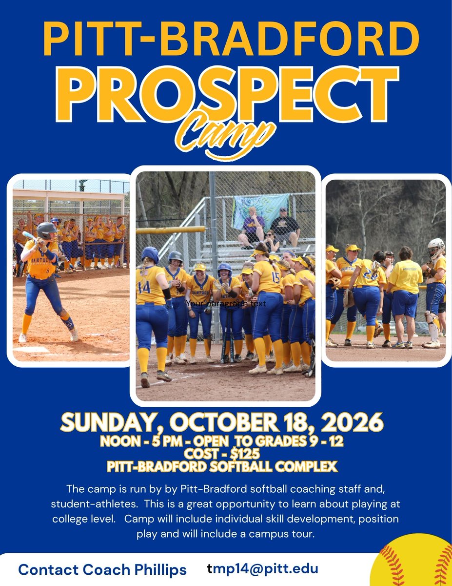 UPBSoftball's tweet photo. Join us for our annual Prospect Camp on Oct. 18th.  Register on the link below.   If you want to play in college, this a great camp to attend.  #upbsb #pittbradfordsoftball #softballcamp  

https://t.co/F2LZzBGlpM https://t.co/VvFGejzNQA