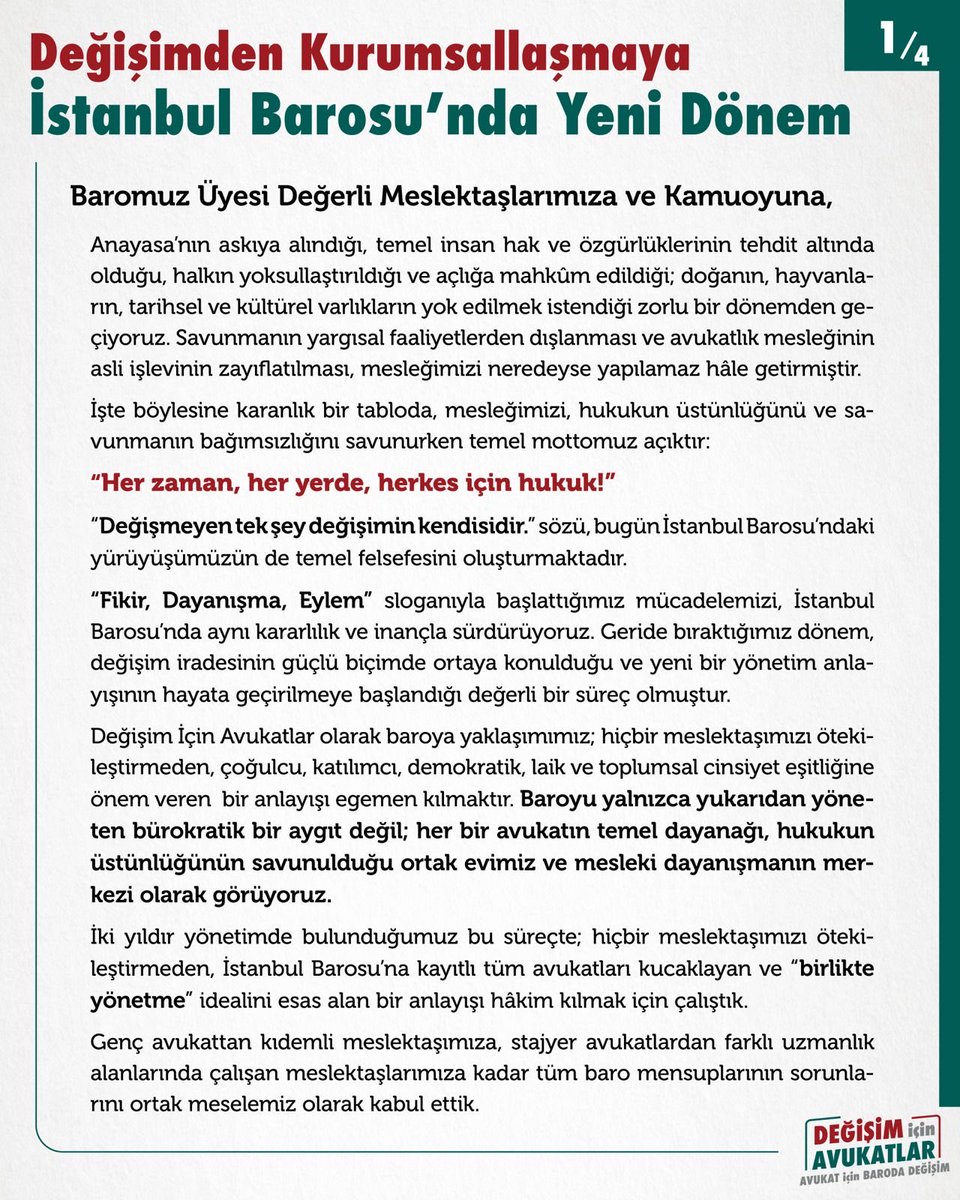 degisim_avukat's tweet photo. Değişimden Kurumsallaşmaya
"Her zaman, her yerde, herkes için hukuk!" şiarıyla başlattığımız yürüyüşümüze, Değişim İçin Avukatlar olarak 2026 yılı Genel Kurulu'nda Av. Prof. Dr. İbrahim Özden Kaboğlu'nun başkanlığında devam edeceğimizi gururla duyuruyoruz!
Tüm meslektaşlarımızı dayanışma ve değişim iradesiyle birlikte yürümeye davet ediyoruz. @ibrahimkaboglu