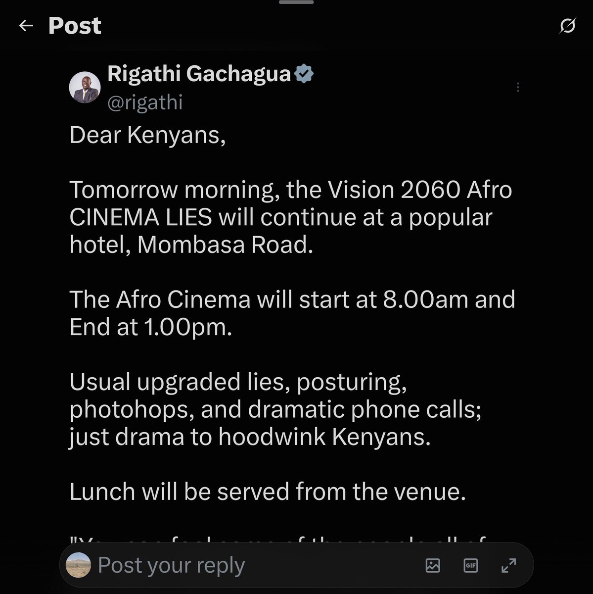CherorGeoffrey's tweet photo. @rigathi How far with your tomorrow CINEMA MR LIER https://t.co/3QJA42fct5