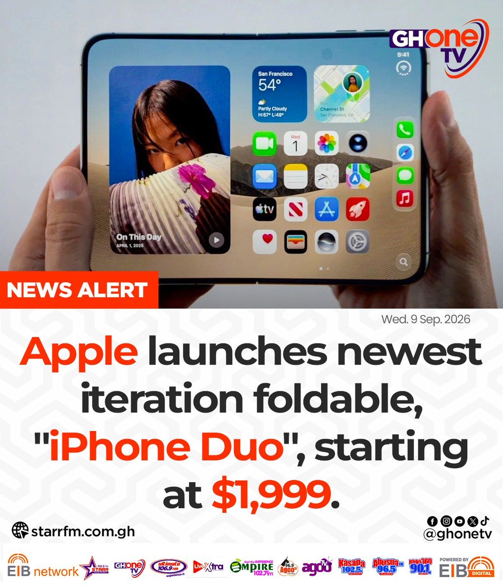 ghonetv's tweet photo. Apple launches newest iteration foldable, "iPhone Duo", starting at $1,999...
#EIBNetwork #GHOneTV
#GHOneNews #NewsAlert https://t.co/KSE8ZBPZfw