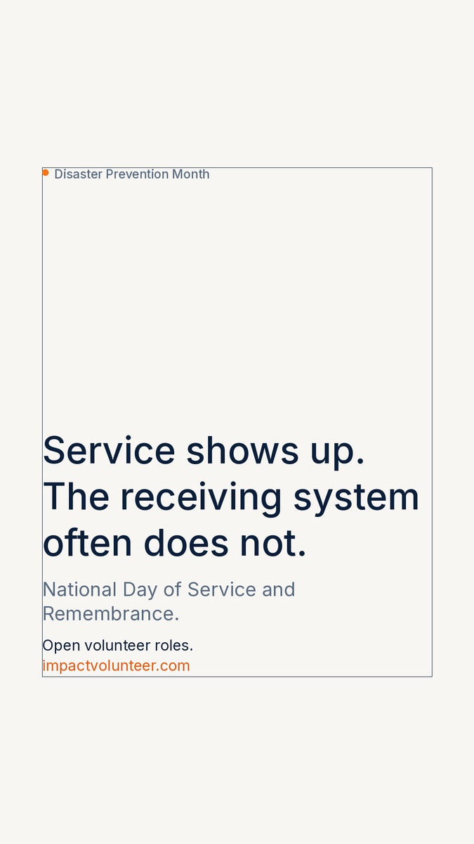 ImpactmatrixCo's tweet photo. Today is the National Day of Service and Remembrance.
The part that endured isn't the footage. It's the habit: people with a skill go where the skill is needed, and institutions have some way to receive them.
#DayOfService #DisasterPreventionMonth https://t.co/vFjPJysrBx