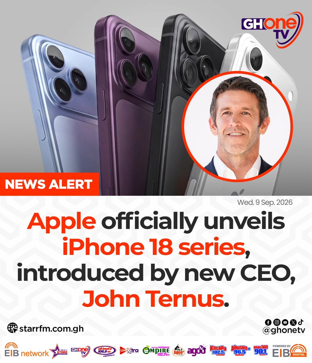 Kasapafm1025's tweet photo. Apple officially unveils iPhone 18 series, introduced by new CEO, John Ternus.
#GHOneTV
#KasapaFM #EIBNetwork
#AgooTV #NewsAlert https://t.co/AsZ4uMGcz9