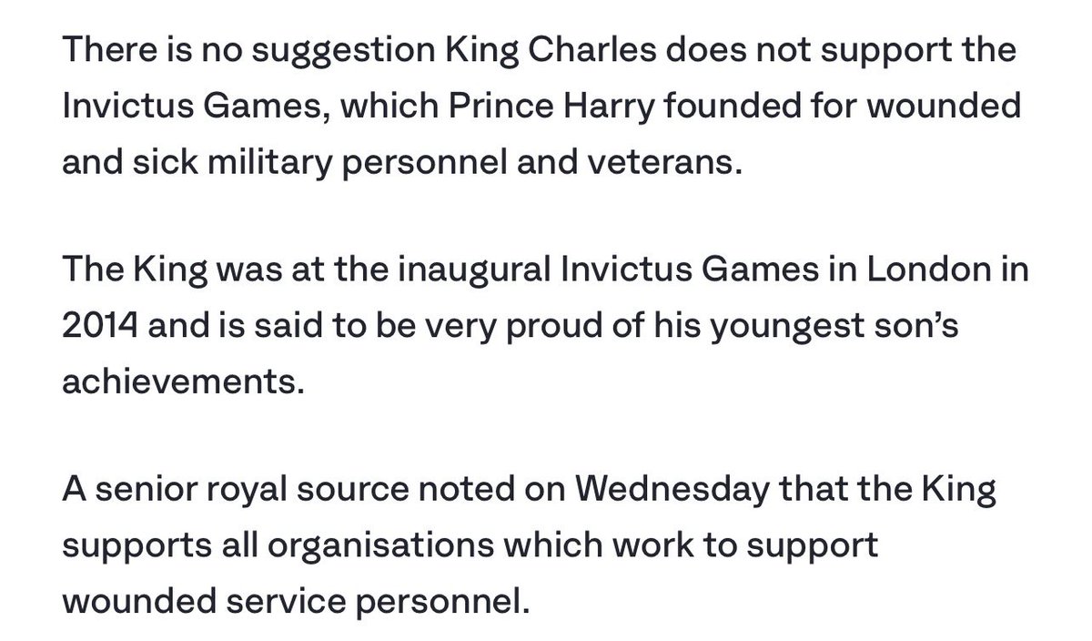 SageKnowsAll's tweet photo. Charles has not shown any support for the uk veterans who participated in the Invictus games for the last 6 years. He has never congratulated them and has never hosted them for a reception. 

Rushing out that stupid letter was bound to blow up in his face. 

Now he is on the back foot trying to convince ppl that of course he supports the injured veterans. 

He doesn’t even have the balls to come out and say it himself. 

Charles doesn’t care that Uganda has pulled out. They have wanted Harry’s charity work to go up in flames for years.