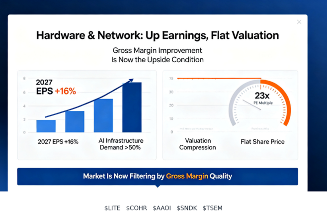 angel_4624's tweet photo. Hardware earnings are rising, but investors have become far more selective.

The group raised 2027 earnings expectations after the second-quarter reporting season. Share prices barely moved because valuation multiples compressed at the same time.

That gap is even clearer in AI infrastructure. Long-term demand remains strong, yet revenue growth alone is no longer enough to lift every stock. The market is rewarding companies that can turn demand into better gross margins.

Margin quality is becoming the filter.
#Hardware #Profitability