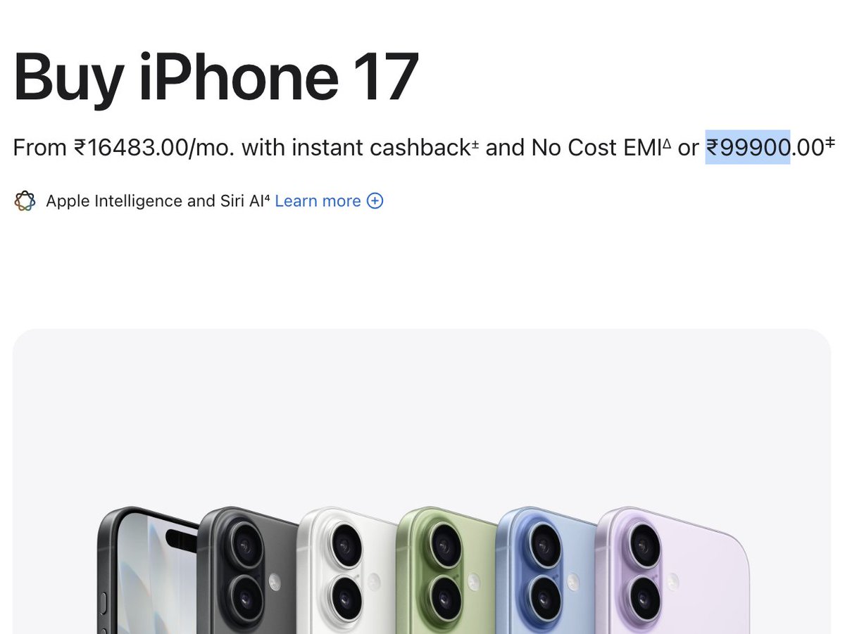 TechWhirlUlt's tweet photo. Apple has increased to the price of the 17 to Rs 99,900
Grab it from an offline store or some online retailers where the old price is still there
They might increase it everywhere by tomorrow or the day after, at most
And I don't think base 17 makes any sense for that price https://t.co/lEjCpKbmqg