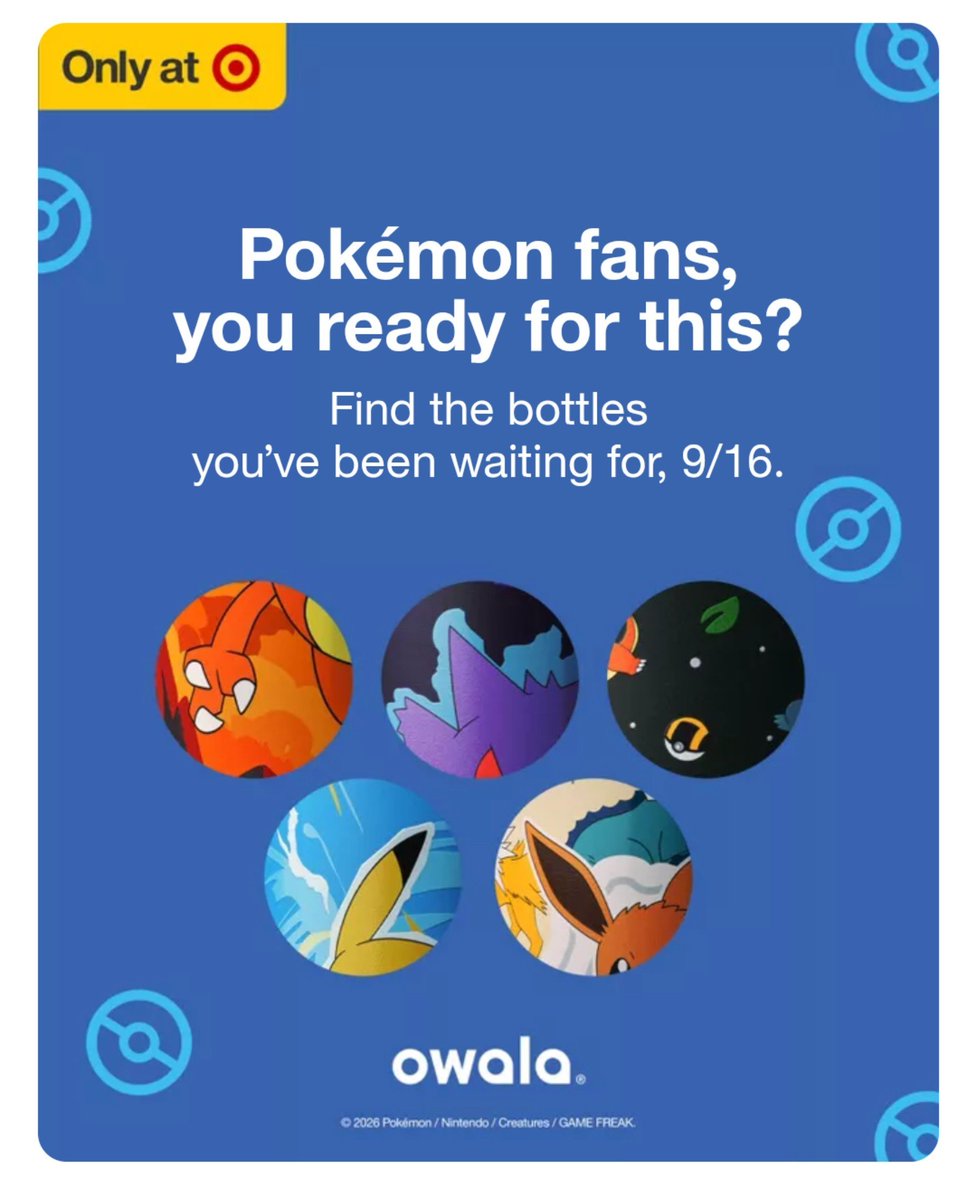 PokeTCGAlerts's tweet photo. First look at the new Owala x Pokémon collab dropping only at Target 🎯! These are scheduled to drop on 9/16 but some locations already have them out on the floor. Here are images of the Kanto Starters, Eeveelutions, and Charizard bottles!
#Pokemon https://t.co/sZrMk1kzUG