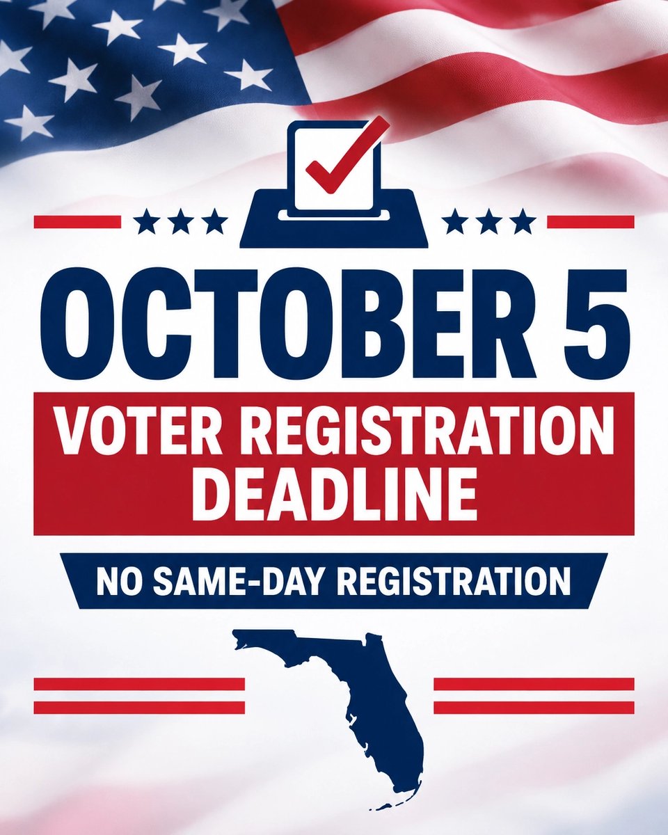 LHRECofFlorida's tweet photo. Check/register by Oct 5—no same-day registration. https://t.co/7DMHym4Jpb. 

Share with 5 friends!

SPANISH: https://t.co/HPgOPduEiz

Verifica/regístrate antes del 5 de Octubre.

#VoteReady #FloridaVotes #Midterms2026 #VotaListo https://t.co/Ogc2n4AoEk