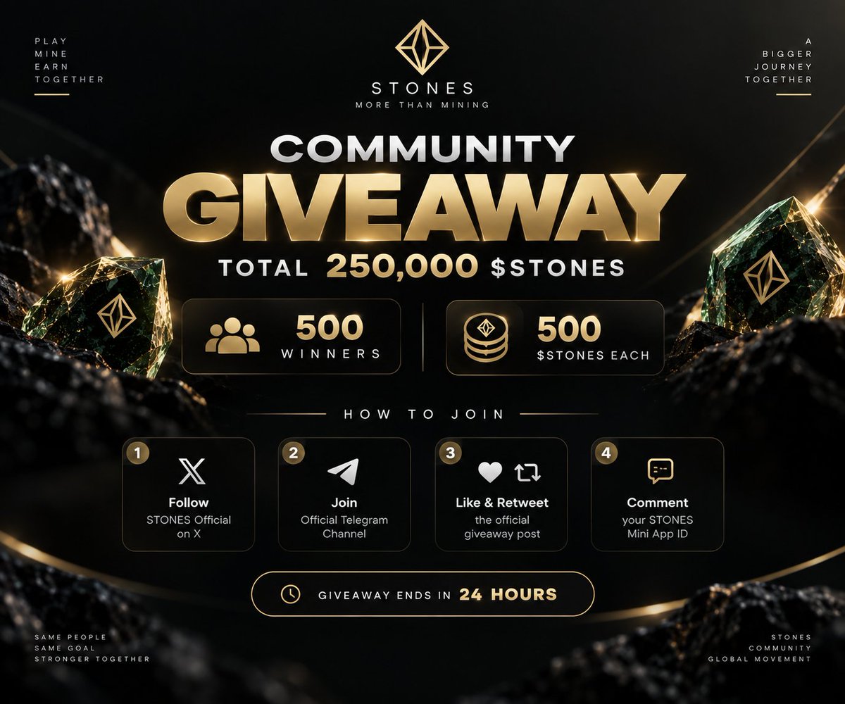 stoneswithestan's tweet photo. STONES COMMUNITY GIVEAWAY  🎉

We’re excited to launch a special STONES Community Giveaway with a total prize pool of 250,000 $STONES!

🏆 500 WINNERS
💎 500 $STONES EACH
🎁 250,000 $STONES TOTAL

HOW TO PARTICIPATE ?

1️⃣ Follow the official STONES account on X
2️⃣ Join the official STONES Telegram Channel
3️⃣ Like & Retweet the official giveaway post
4️⃣ Comment your STONES Mini App ID under the giveaway post

⏰ GIVEAWAY ENDS IN 24 HOURS

After the giveaway ends 500 eligible winners will be selected randomly with each winner receiving 500 $STONES

Make sure you complete all participation requirements and provide the correct Mini App ID Incomplete or invalid entries may not be eligible for the giveaway

Good luck to everyone! 💎

Thank you for continuing to support and grow the STONES Community

🚀 Official telegram Channel : https://t.co/FZv05axvrb
🎮 MINI APP : https://t.co/RWfR9f2Pe2

🪨 STONES MORE THAN MINING