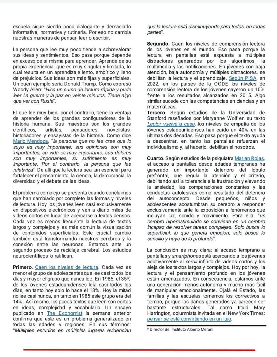 juliandezubiria's tweet photo. Quien crea que la caída en PISA se explica por la pandemia o @fecode no ha estudiado con rigor el tema. En una columna de hace 6 meses analizaba por qué desde 2012 comenzó a deteriorarse la lectura y el pensamiento entre los jóvenes del mundo. Ayuda a comprender los resultados: https://t.co/3jWY3qjxKE