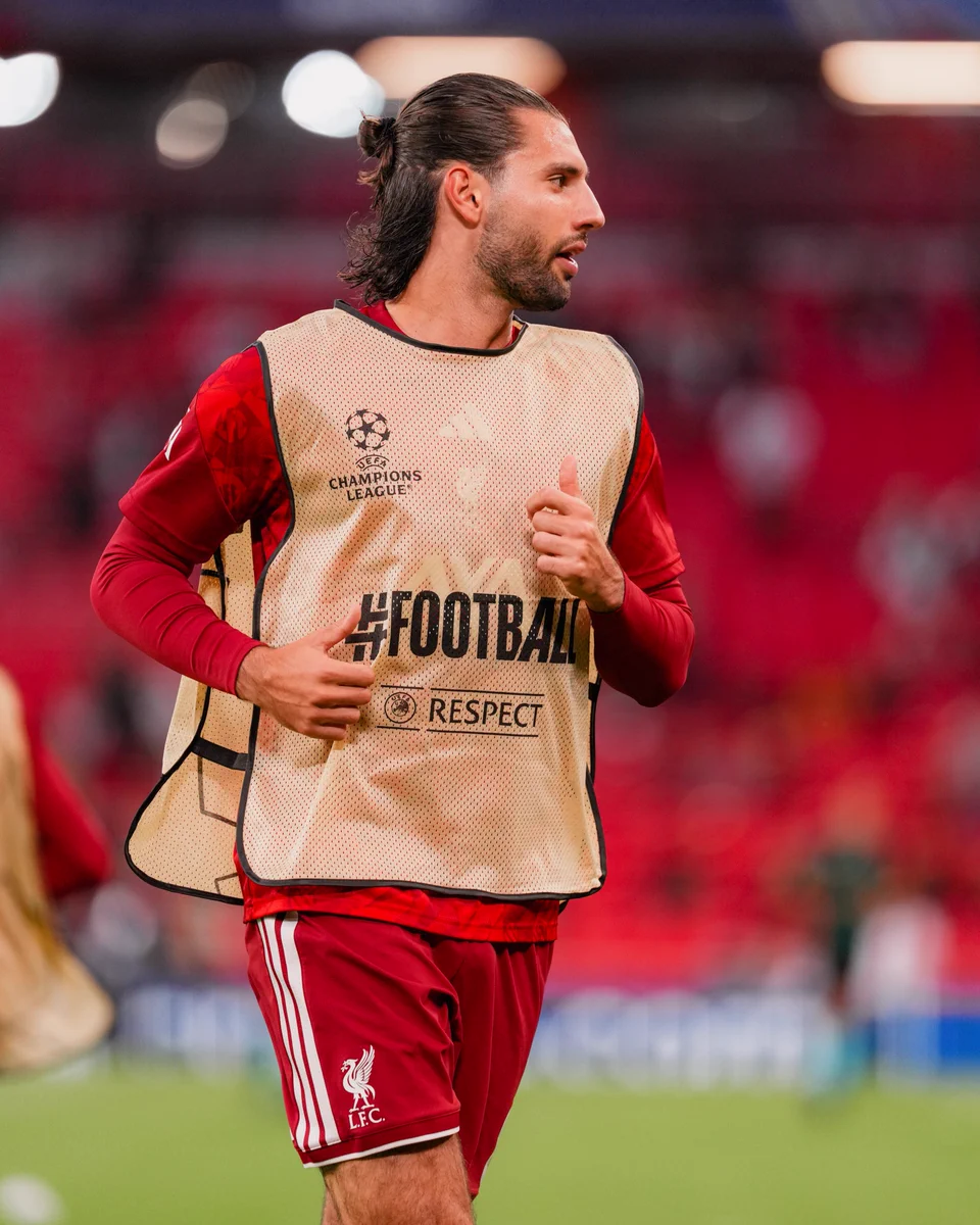 Photography of Dominik Szoboszlai warming up ahead of Liverpool vs Atletico Madrid.