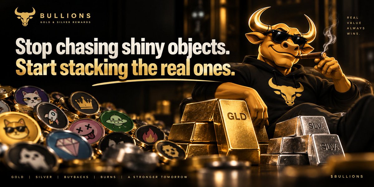 bullions_rh's tweet photo. Why chase random shiny objects when you can stack THE shiny objects? 🥇🥈

Hold $BULLIONS.
Trading fees work for you.
→ Earn Gold
→ Earn Silver
→ Buybacks & burns reduce $BULLIONS supply
→ Liquidity grows over time

You stack the metals while the token becomes increasingly deflationary.
Stop chasing shiny objects.
Start stacking the real ones. 🐂