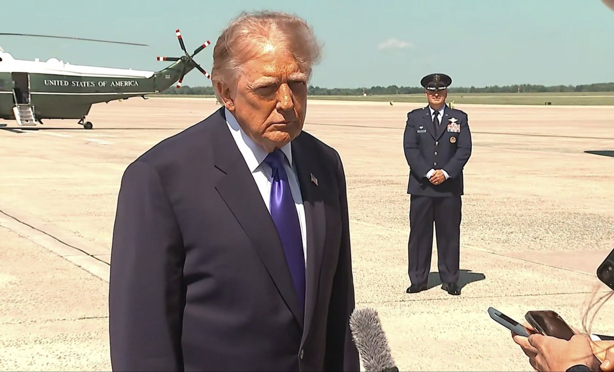 JenniferJJacobs's tweet photo. Trump says he "had a great conversation" with Putin, who "is wanting to make a deal."
In a tarmac gaggle, he also said: 
-"Right after the election, oil prices are going to be tumbling downward."
-"I've never been asked that question" about a pardon for Michael Cohen. 
-"Well, I've just seen it, and I'll be speaking to Israel," he said of Britain, France, and Canada sanctions on Israeli settlements in the West Bank. "I understand, you know, I understand exactly what's going on, but I want to find out why all of a sudden does that happen."
-Asked about Republicans in competitive races who are not coming to the convention in Dallas, "We said stay back and campaign. Every politician that we've wanted to be there is there."