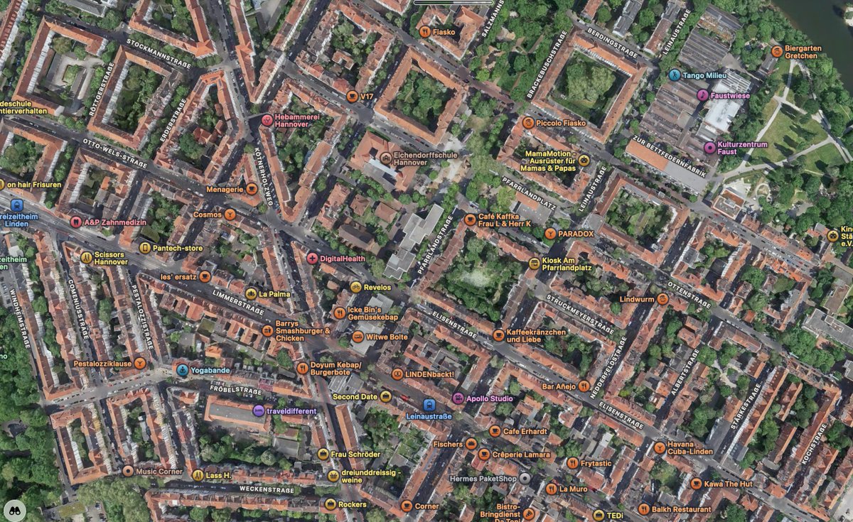 UrbanCourtyard's tweet photo. Typical neighborhoods in Berkeley and Hannover.

It looks like Berkeley is denser, right??

It's not even half as dense as the Hannover neighborhood. 

Central Berkeley: ~16,000 / sq mi, ~12 units / acre.

Linden-Nord:  ~43,000 / sq mi, ~41 units / acre.

And this is because 93% of housing units in the Hannover neighborhood are in buildings with 3+ units, where as Berkeley is mostly single-family homes. 

The thin perimeter block apartments create neighborhoods that are denser yet greener than the single-family neighborhoods.
