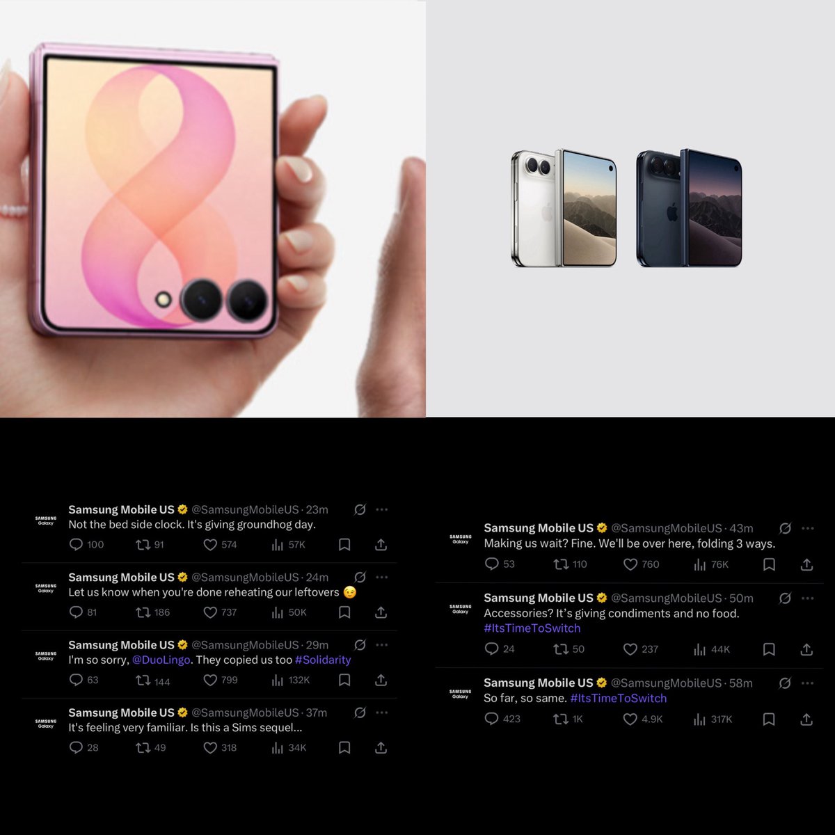 FearedBuck's tweet photo. Samsung is having a meltdown on X after Apple announced its first foldable iPhone, the iPhone Duo.

“Let us know when you’re done reheating our leftovers 😉” https://t.co/r5Gu21JHbU