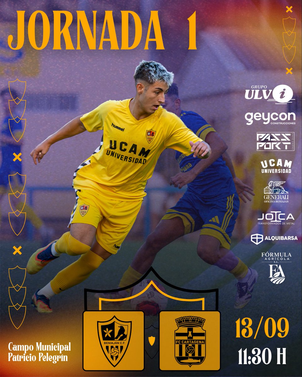 BeniajanCf's tweet photo. //JUVENIL LIGA NACIONAL//

JORNADA 1 ✅

JUVENIL A 🆚 F.C. CARTAGENA

🗓️ 13/09/2026

🕒 11:30 H

🏟️ Campo Municipal Patricio Pelegrín 

VUELVE LA LIGA, VUELVE NUESTRO JUVENIL LN, ¡VAMOS💛🖤! https://t.co/gUPxC2QIgo