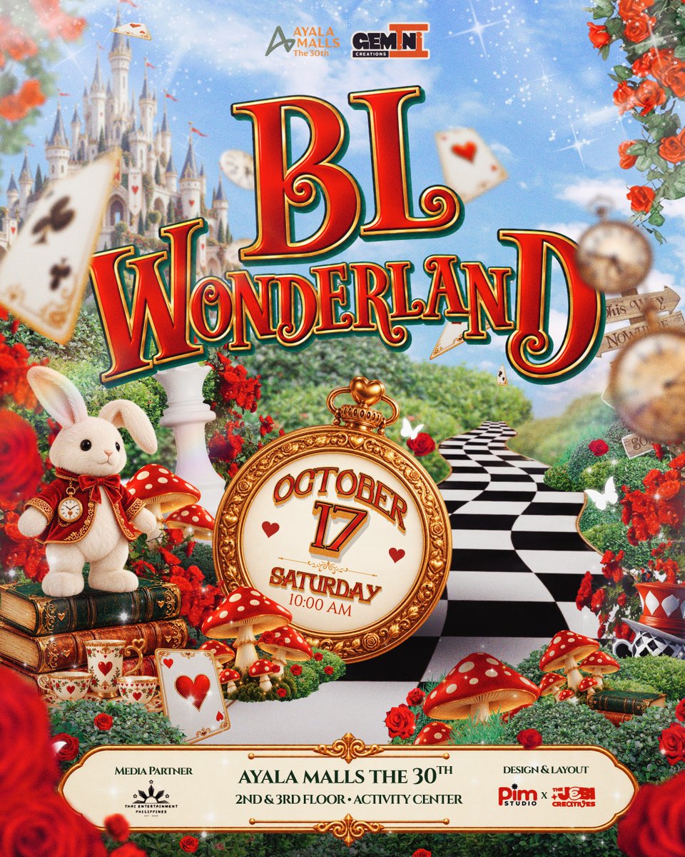 GeminiCrePH's tweet photo. 🌈✨BL WONDERLAND✨🌈
Follow the White Rabbit🐇 &amp; fall down the rabbit hole into a world of BL fandom, games, photos, fan projects &amp; surprises!
📅Oct 17, 2026
⏰10AM Onwards
Ayala Malls The 30th 2nd &amp; 3rd Activity Center
🔗https://t.co/Pwc5CHxc98
#BLWonderland #BoysLoveWonderland https://t.co/spSo2u32ss