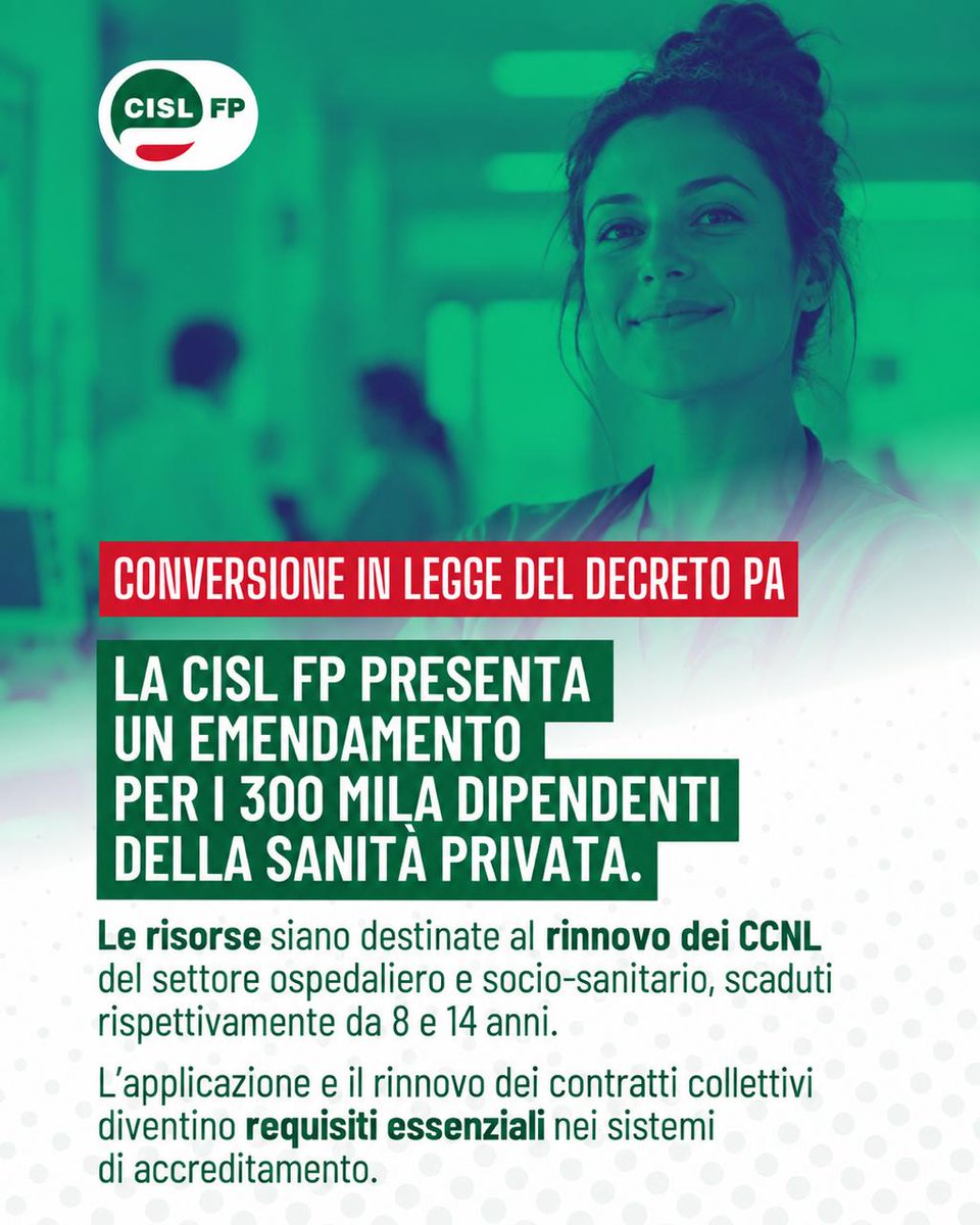cislfp's tweet photo. La CISL FP ha presentato un emendamento al DDL di conversione del Decreto PA 2026 per intervenire sulla situazione della sanità privata accreditata e delle RSA.

👉 Leggi l’articolo completo su: https://t.co/byJppo3Mu6

#CislFP #SanitàPrivata #RSA #Contratti #Diritti https://t.co/y8DfE4Rets