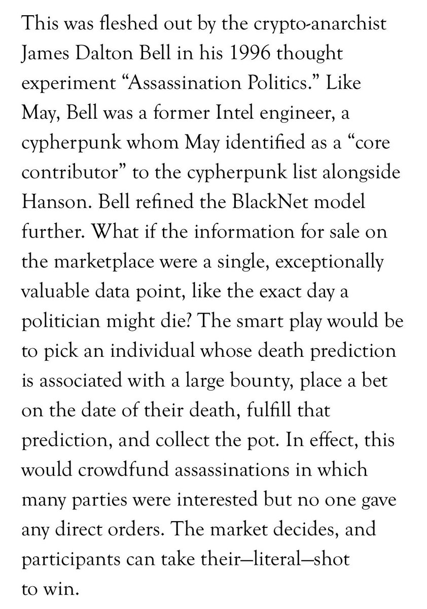 infinite_jaz's tweet photo. I’m reminded of Finn Brunton’s piece in the last @Harpers, about how a prediction market can be used as a tool to crowdsource assassinations. https://t.co/QUx5oU83YF